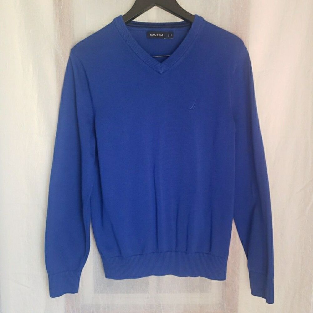 Nautica Men's Size M Royal Blue Sweater V Neck Pullover Cotton Blend Long Sailor